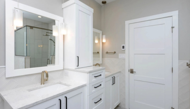 bathroom with custom white cabinetry